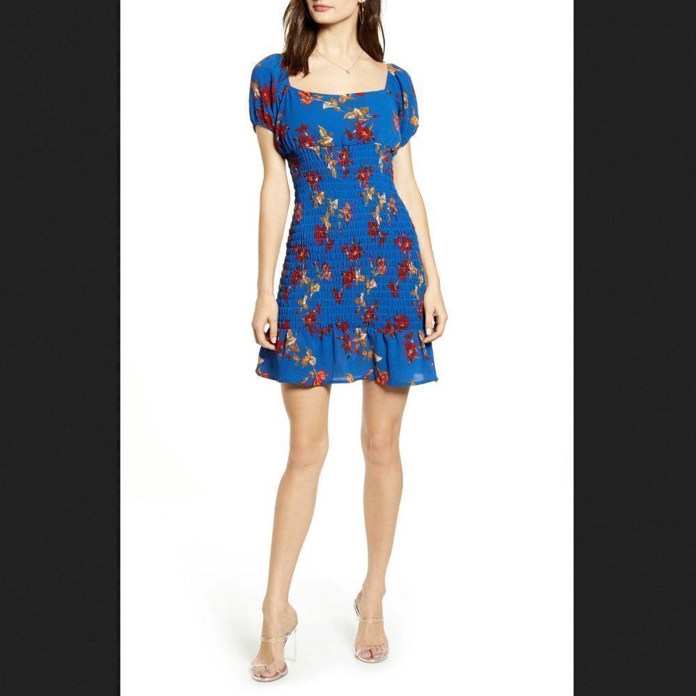 Leith Blue Floral Smocked Mini Dress Size Medium